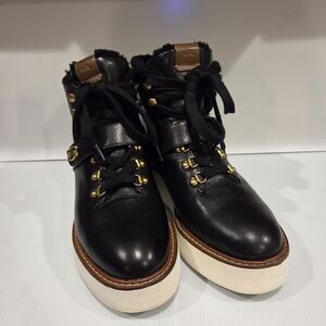 Coach Citt Hiker Black Leather Ankle Boots with Gold Accents
